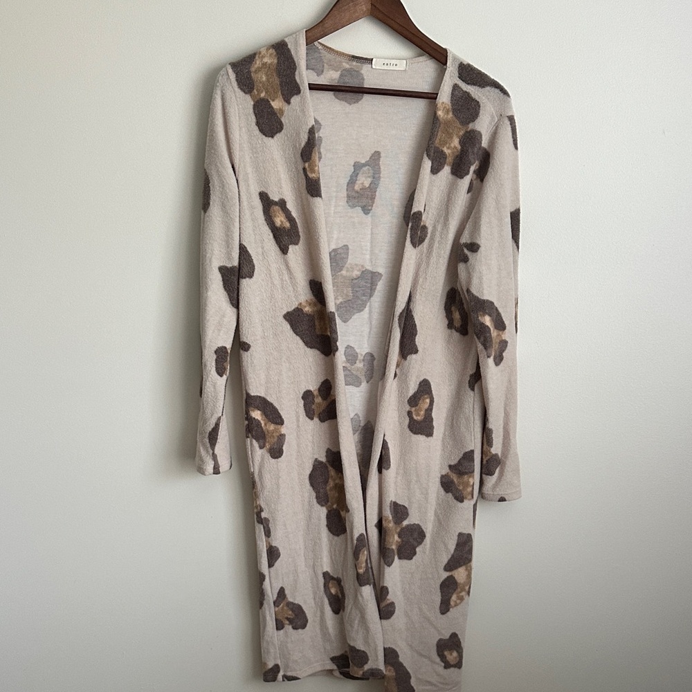 Entro Cream and Tan Soft Knit Animal Print Open Cardigan